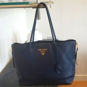 PRADA Vitello Daino Cobalt Blue Tote with Golden Side Zippers